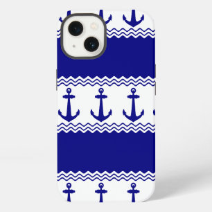 Blue White Nautical Anchor Coastal Stripes iPhone 13 Case