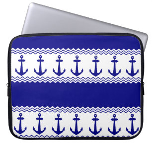 Blue White Nautical Anchor Coastal Stripes Laptop Sleeve