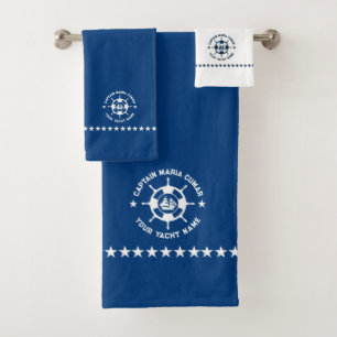 Blue White Nautical Boat Wheel Vintage Boat Bath Towel Set