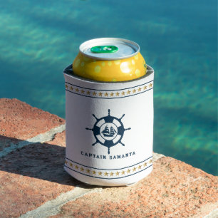 Blue & WHite Nautical Boat While Gold Stars Can Co Cooler