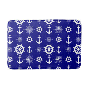 Blue White Nautical Coastal Boating Bath Mat