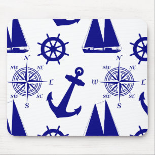 Blue White Nautical Coastal Boating Mouse Pad