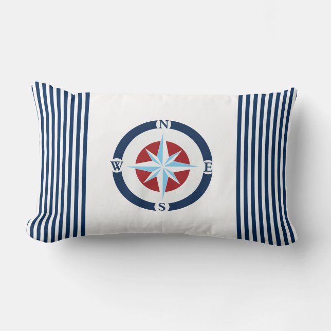 Blue White Nautical Compass Stripes Lumbar Cushion (Front)