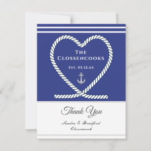 Blue White Nautical rope Heart Anchor Wedding Thank You Card
