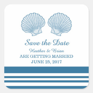 Blue White Nautical Seashells Save the Date Square Sticker