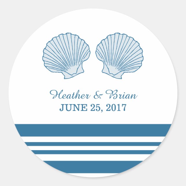 Blue White Nautical Seashells Wedding Stickers (Front)