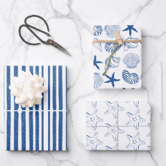 Blue & White Nautical shells and stripes Wrapping Paper Sheet