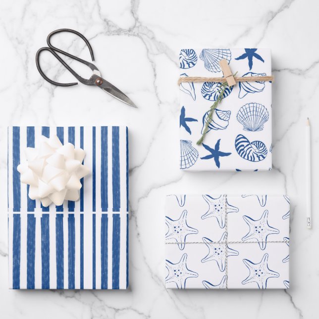 Blue & White Nautical shells and stripes Wrapping Paper Sheet (Front)