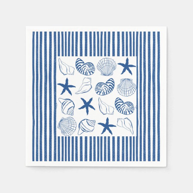 Blue & White Nautical stripes and shells Napkin (Front)