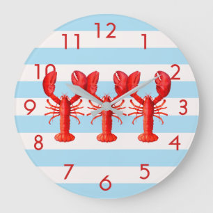 Blue white nautical stripes lobster decor large clock