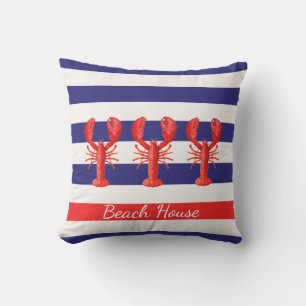 Blue white nautical stripes red lobsters outdoor cushion