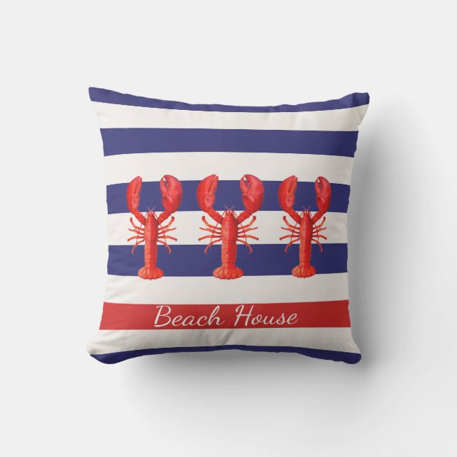 Blue white nautical stripes red lobsters outdoor cushion (Front)