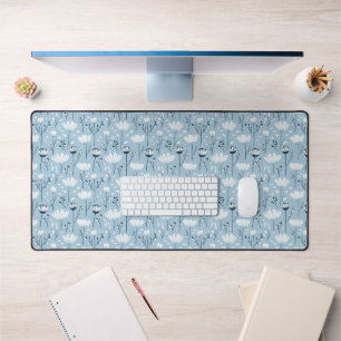 Blue White Navy Whimsical Watercolor Florals Desk Mat
