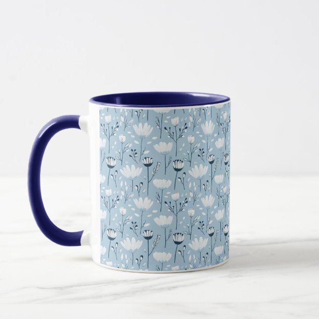 Blue White Navy Whimsical Watercolor Florals Mug (Left)