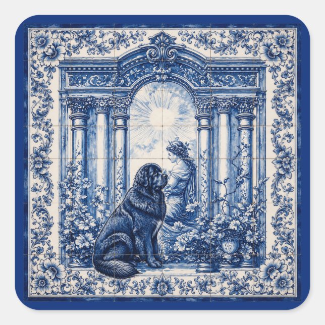 Blue & White Newfoundland Garden Tile Mural Square Sticker (Front)