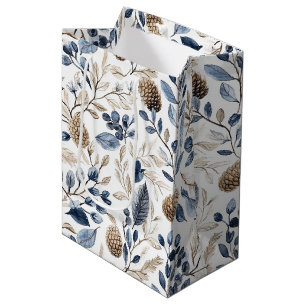 Blue White Nordic Christmas Pine Cones Medium Gift Bag