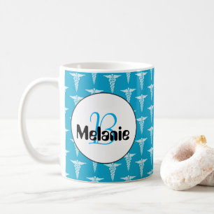 Blue white nurse pattern monogram add name mug