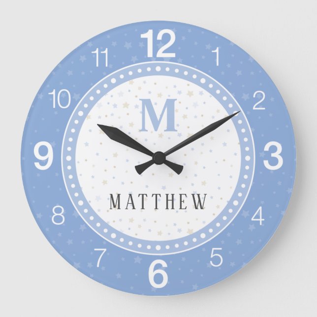 Blue & White Nursery Decor. Baby Boy Monogram Large Clock (Front)