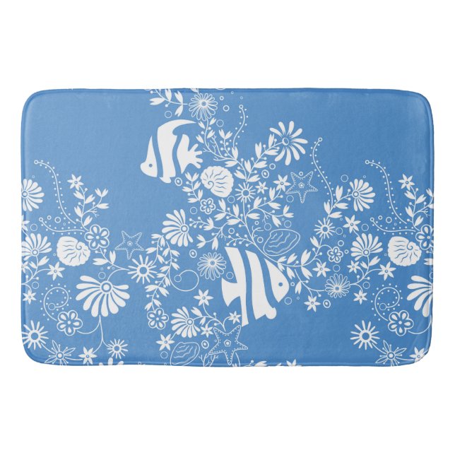 Blue White Ocean Life Pattern Bath Mat (Front)