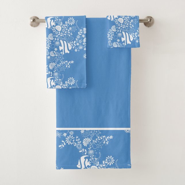 Blue White Ocean Life Pattern Bath Towel Set (Insitu)