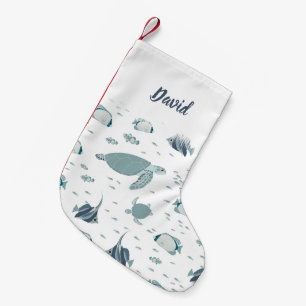 Blue White Ocean Theme Turtles and Fishes Small Christmas Stocking