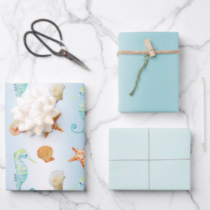 Blue White Ombre Shells Seahorse Starfish Wrapping Paper Sheet