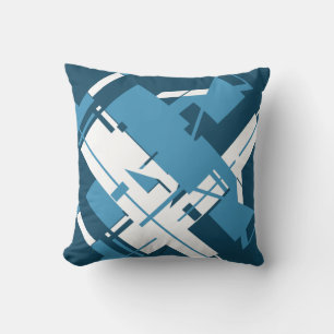 Blue White on Dark Turquoise Diagonal Abstract Cushion