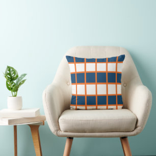 Blue White Orange Chequerboard Checks Cushion