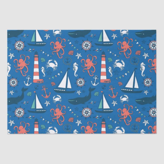 Blue White & Orange Nautical Pattern Tissue Paper (Front)
