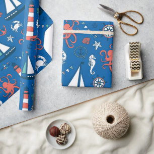 Blue White & Orange Nautical Pattern Wrapping Paper