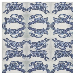 Blue White Oriental Style Rabbits Designer Fabric