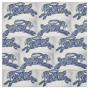 Blue White Oriental Style Rabbits Designer Fabric