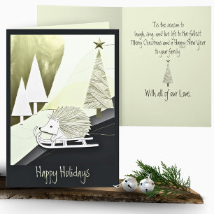 Blue White Origami Christmas Hedgehog on a Sled Card