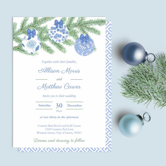 Blue White Ornaments Fir Tree Holidays Wedding  Invitation (Blue and white chinoiserie ornaments on fir tree branch wedding invitation design)
