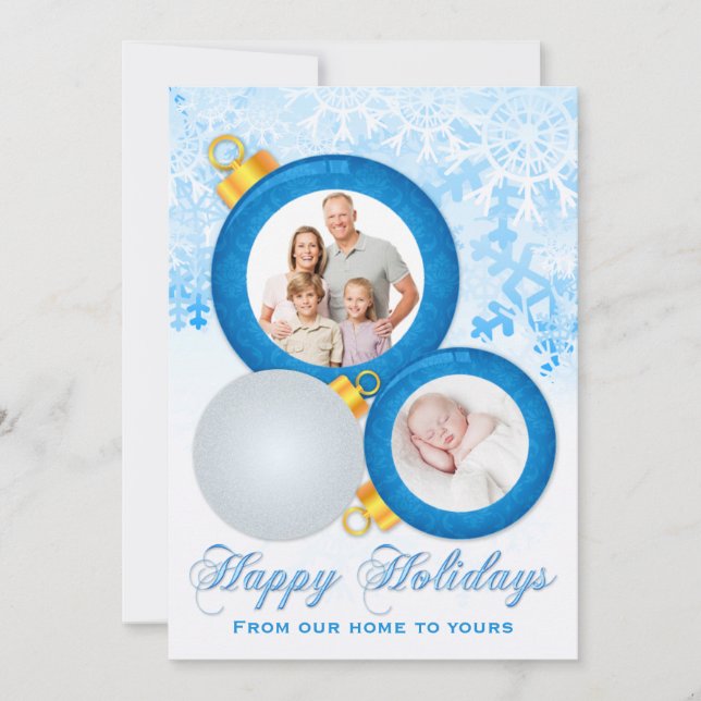 Blue, White Ornaments Happy Holidays Photo Card (Front)