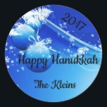 Blue & White Ornaments, Snowflakes, Pine Boughs Classic Round Sticker<br><div class="desc">Blue & White Ornaments,  Snowflakes,  Pine Boughs on a sticker.  
This wintery blue and white sticker will add an extra sparkle to your holiday packages,  tissue paper or envelopes. It's great for both Hanukkah and Christmas.</div>