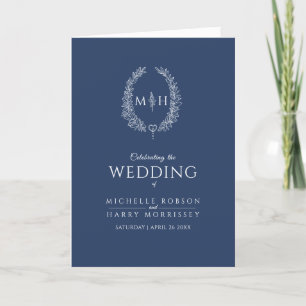 Blue white oval leaf monogram art wedding program