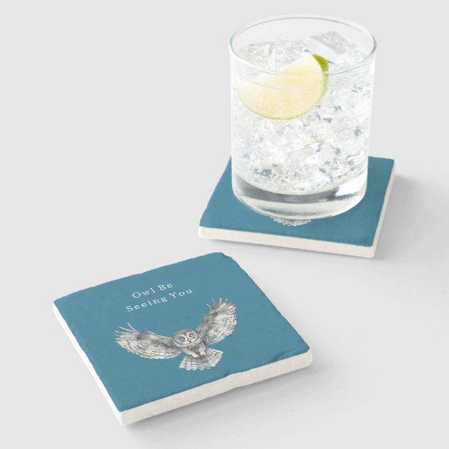Blue White Owl   Stone Coaster (Side)