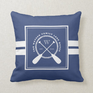 Blue White Paddles Lake House Monogram Cushion