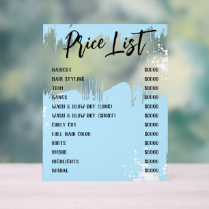Blue White Paint Spatter Chic Salon Price List Acrylic Sign