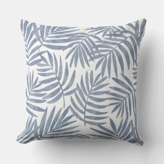 Blue & White Palm Leaf Throw Pillow (Front)