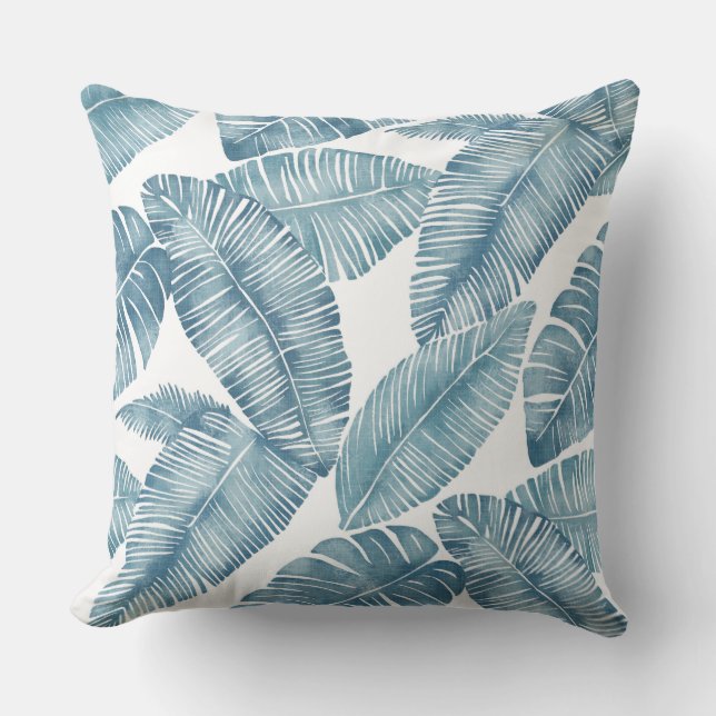 Blue & White Palm Leaf Throw Pillow (Front)