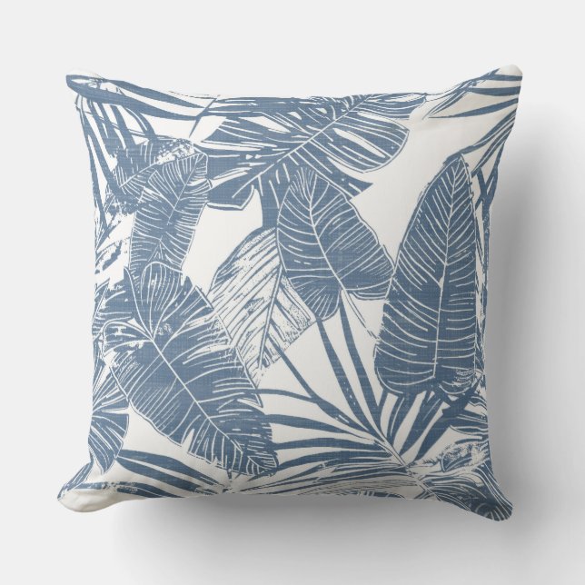 Blue & White Palm Leaf Throw Pillow (Front)