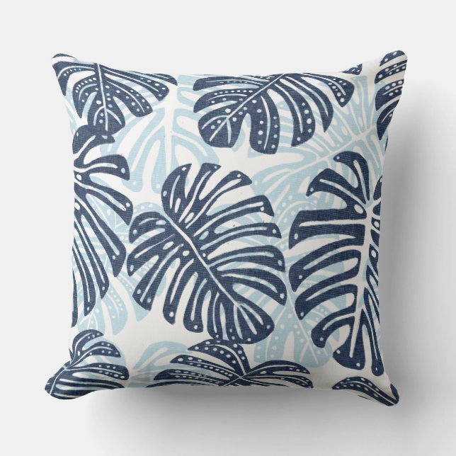 Blue & White Palm Leaf Throw Pillow (Front)