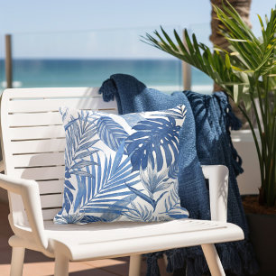 Blue White Palm Leaves Cushion