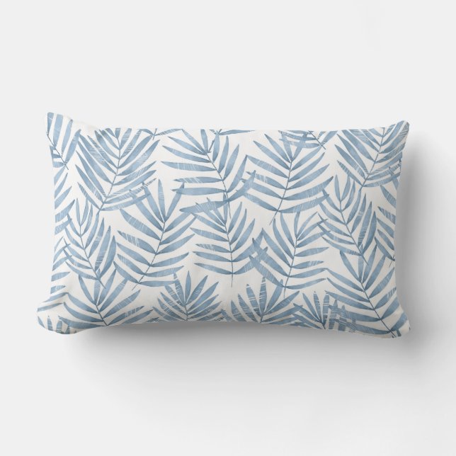 Blue & White Palm Leaves Lumbar Pillow (Front)