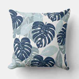 Blue White Palm Leaves Throw Pillow