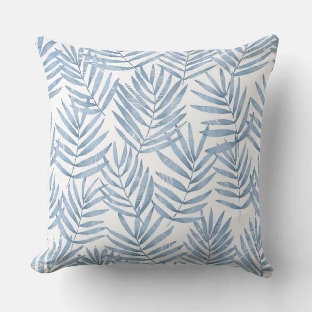 Blue & White Palm Leaves Throw Pillow (Front)