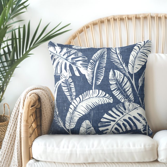 Blue White Palm Leaves Throw Pillow (Creator Uploaded)