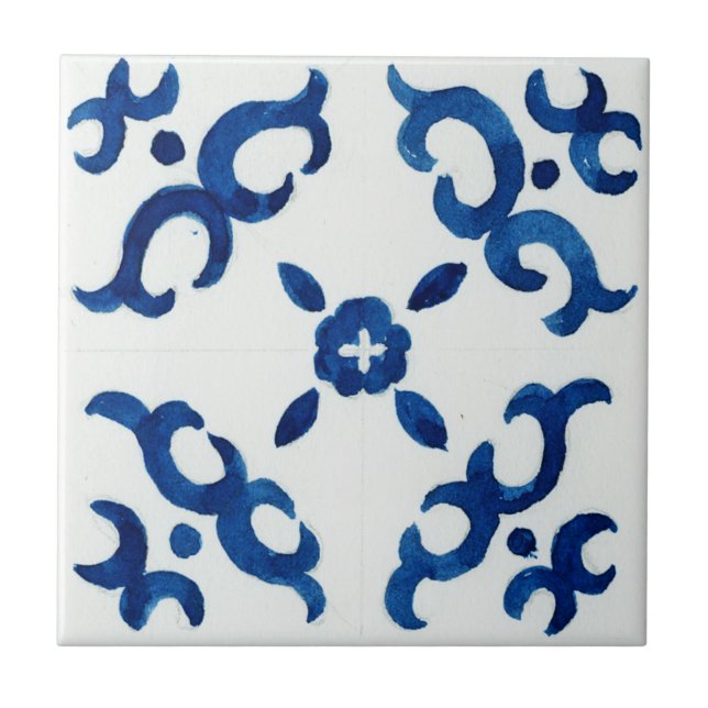 Blue & White Pattern Mediterranean Watercolor Ceramic Tile (Front)